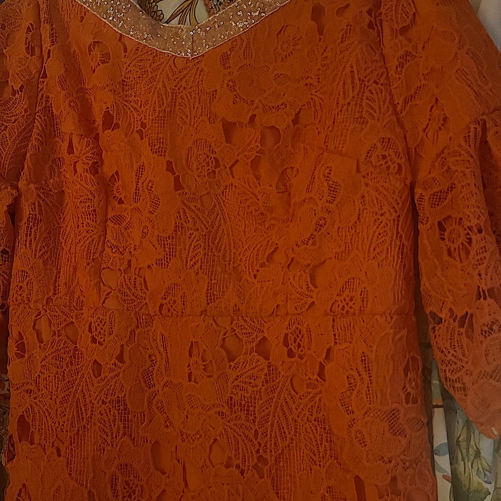 Elegant Orange Lace Dress with Beaded Neckline, Never Worn